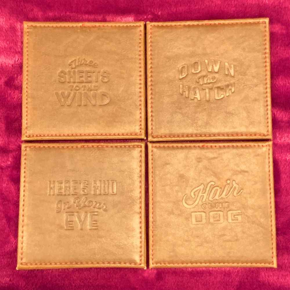 NWOT Coasters/Gentlemen’s Hardware 4 Faux Leather /Down The Hatch, Mud In UR Eye